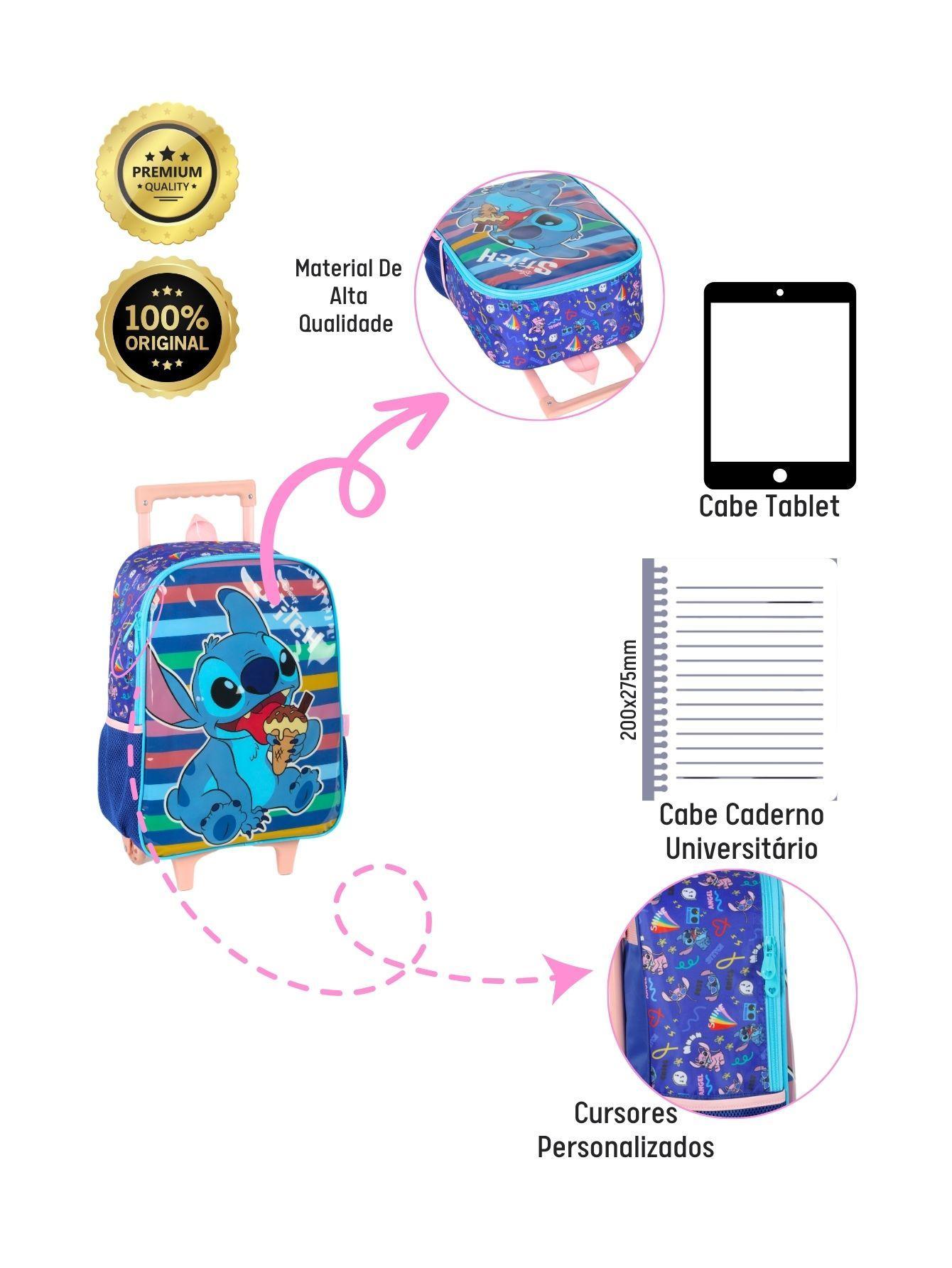 Miniatura Kit Lilo Stitch Mochila Rodas Costas Lancheira Estojo - Azul