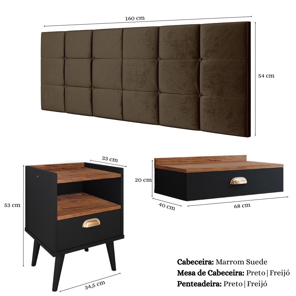 Miniatura Kit Decorativo Quarto Casal Penteadeira Suspensa Gloss Mesinha Lateral Estilo Preto|Freijó Cabeceira Cama Box Queen Bia 1.60 Marrom Suede - RPM Móveis
