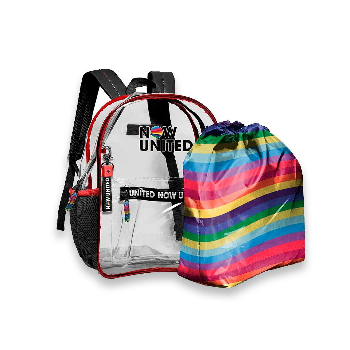 Miniatura Mochila Costas Now United Transparente Com Bolsa Colorida