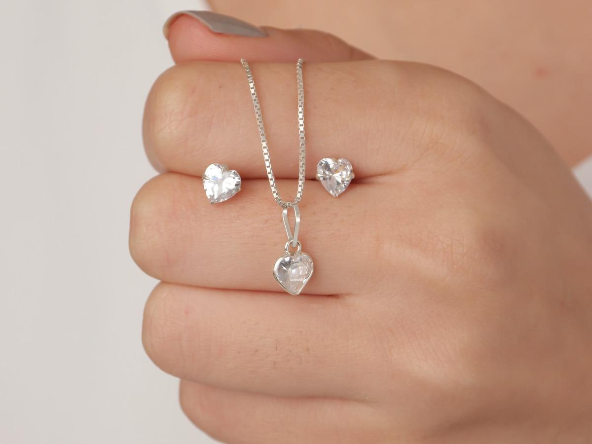 Miniatura Conjunto Com Zircônia Cristal Pedra Coração 6Mm Prata 925