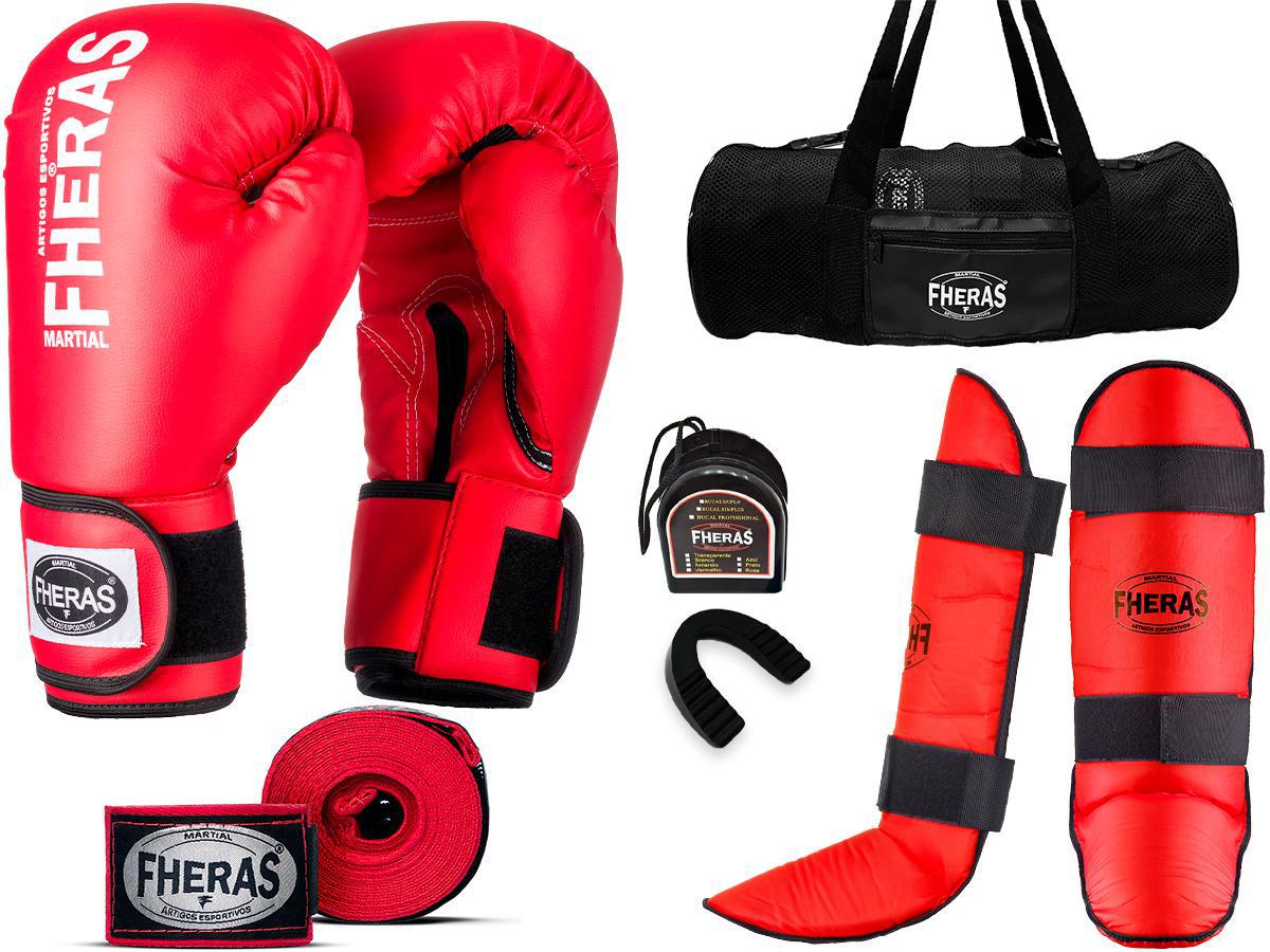 Miniatura Kit Muay Thai Luva Bandagem Caneleira Bolsa Vermelha 08Oz