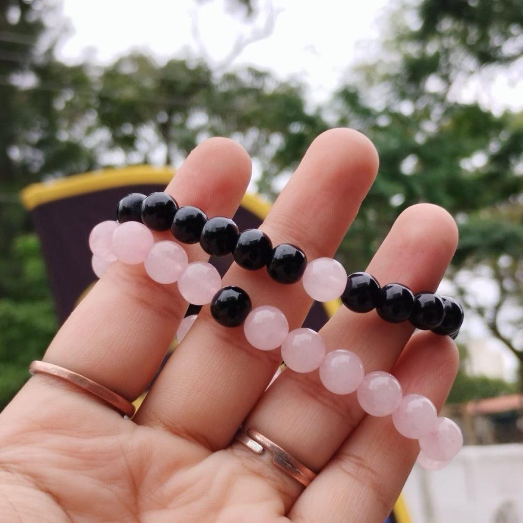 Miniatura Pulseira Quartzo Rosa E Preto Par Casal Kit 2 Un Combo