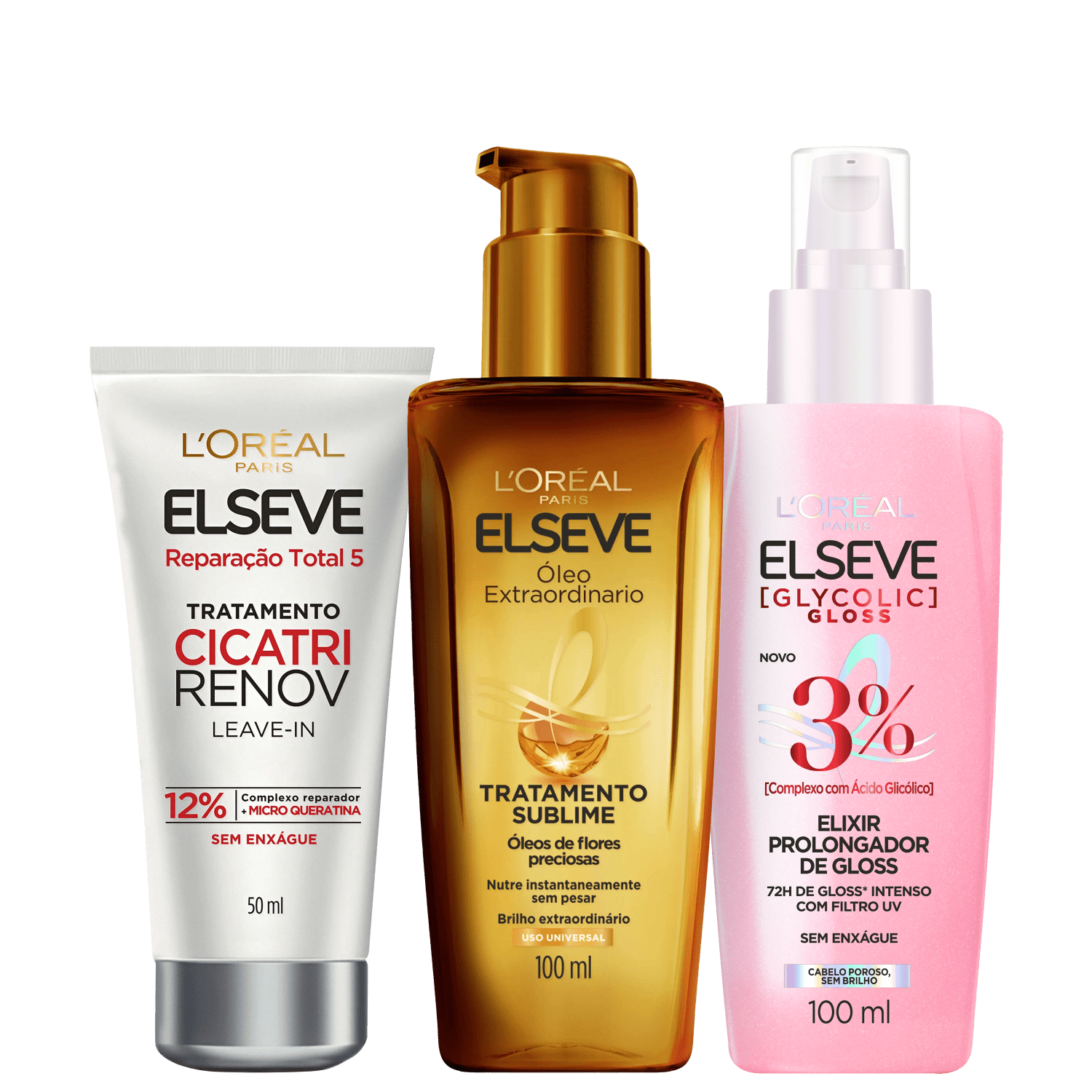 Miniatura Kit Elseve L'Oréal Paris Óleo Extraordinário + Reparação Total 5 + Glycolic Gloss (3 Produtos)