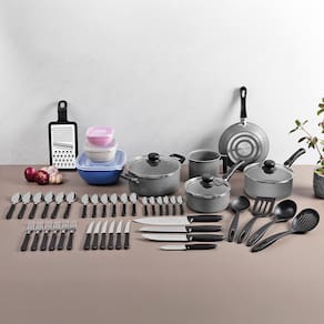 Miniatura Kit de Cozinha 47 Peças Tramontina com Panelas Antiaderentes em Alumínio, Talheres, Facas e Utensílios Domésticos