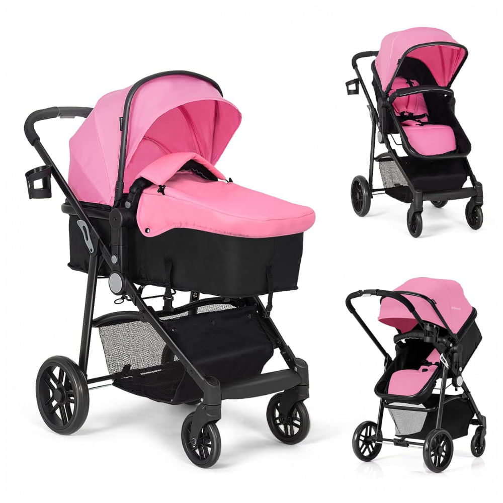 Miniatura Carrinho de Bebê 2 em 1 com Suspensão e Porta Copos, Baby Joy, Rosa