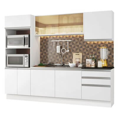 Miniatura Cozinha Completa Madesa 100% MDF Acordes Glamy com Armário, Torre e Balcão (Sem Tampo e Pia) Branco Cor:Branco