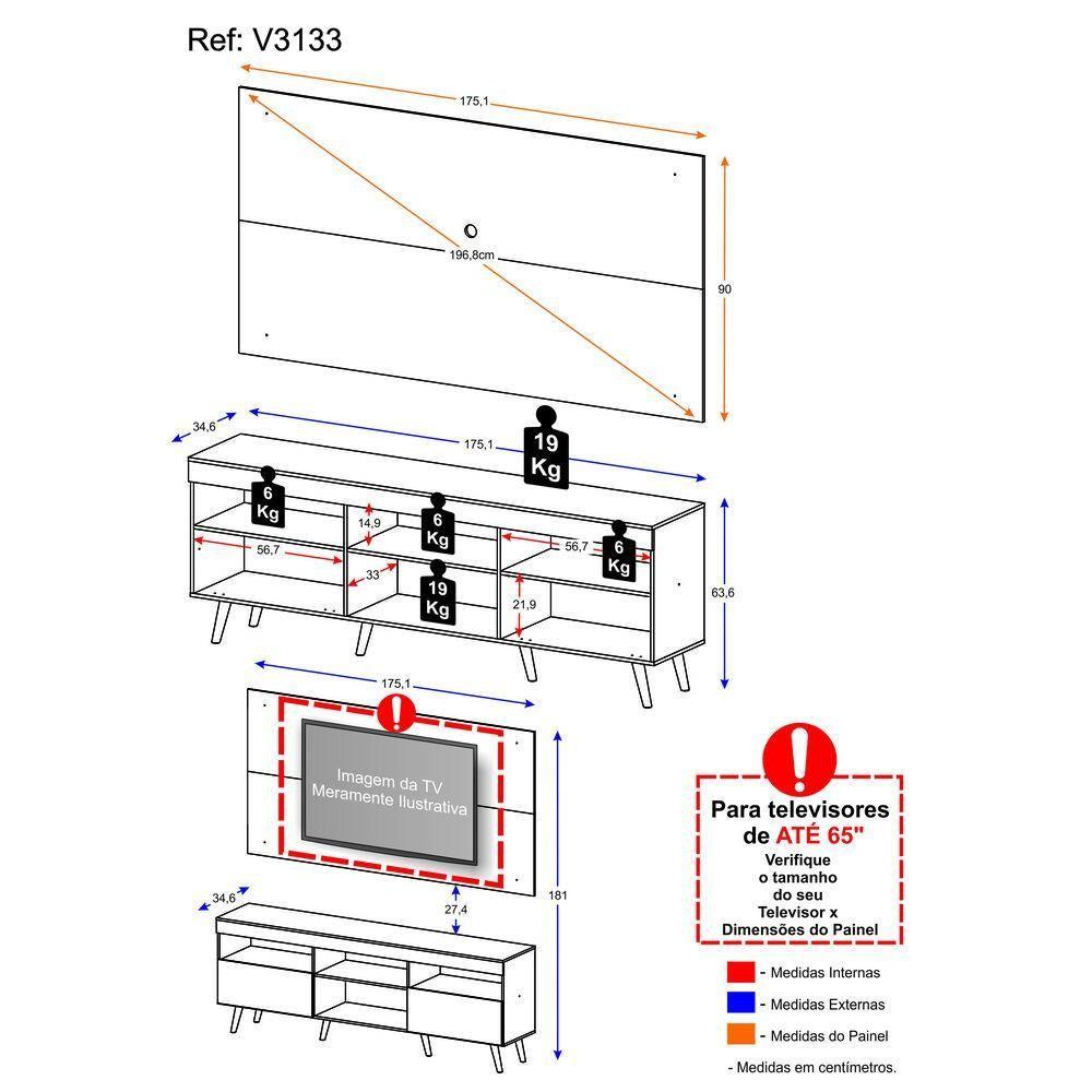 Miniatura Rack Com Painel Tv 65" Retrô Flórida Multimóveis V3133 Branco/Natural Branco/Natural