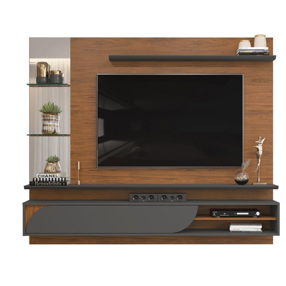 Miniatura Rack Suspenso para TV até 60 Polegadas 1 Porta 2 Prateleiras Ravi DJ Móveis Freijó/Cinza Urbano