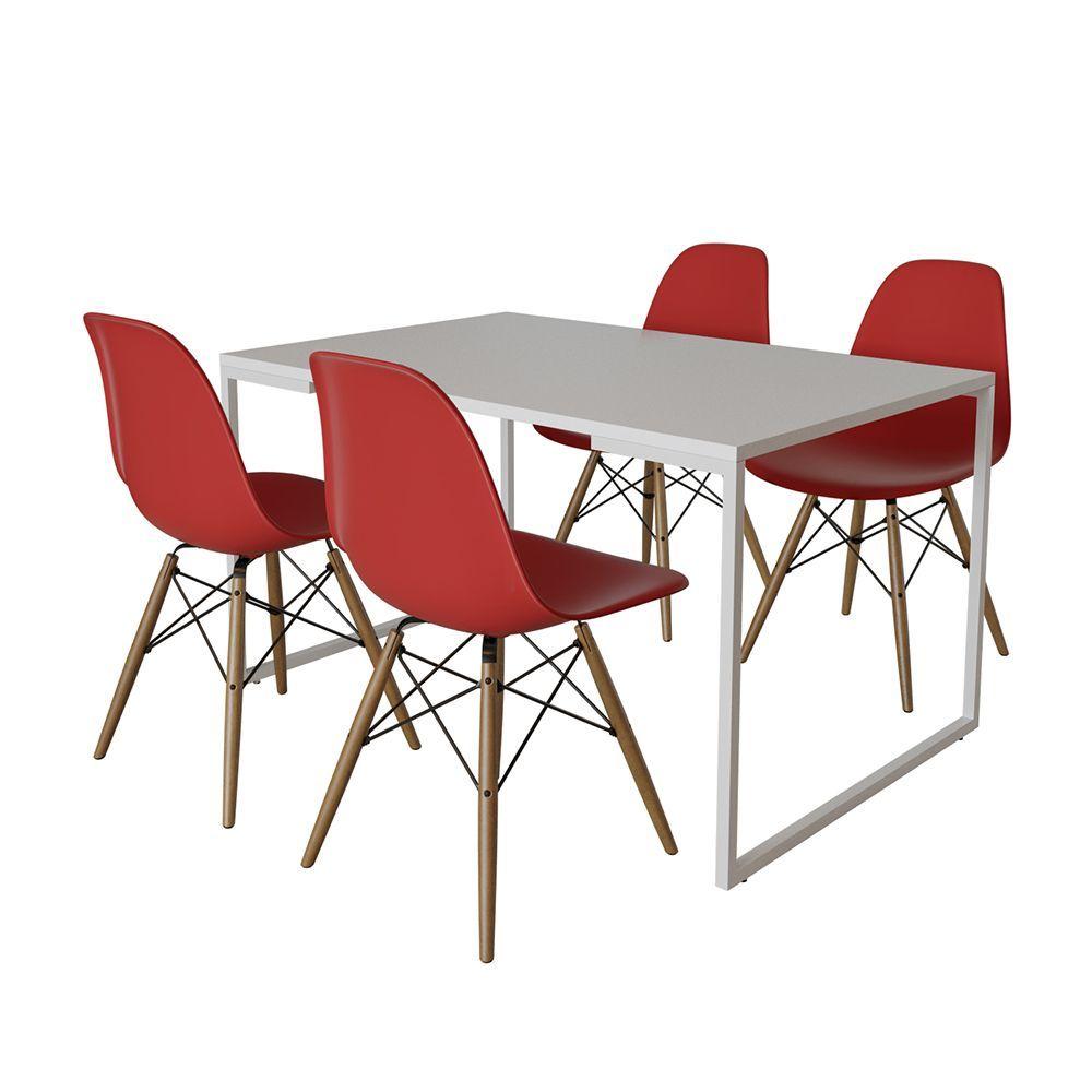 Mesa Industrial Base Ferro Branco 137X90 Tampo Branco 4 Cadeiras Eiffel Madeira Assento Vermelho