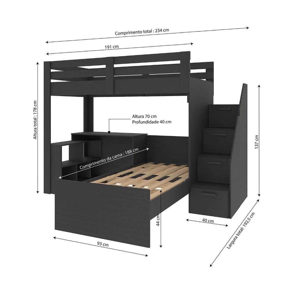 Miniatura Beliche Multifuncional Solteiro Adulto com Escrivaninha Star Office Casatema Preto Perfect Touch