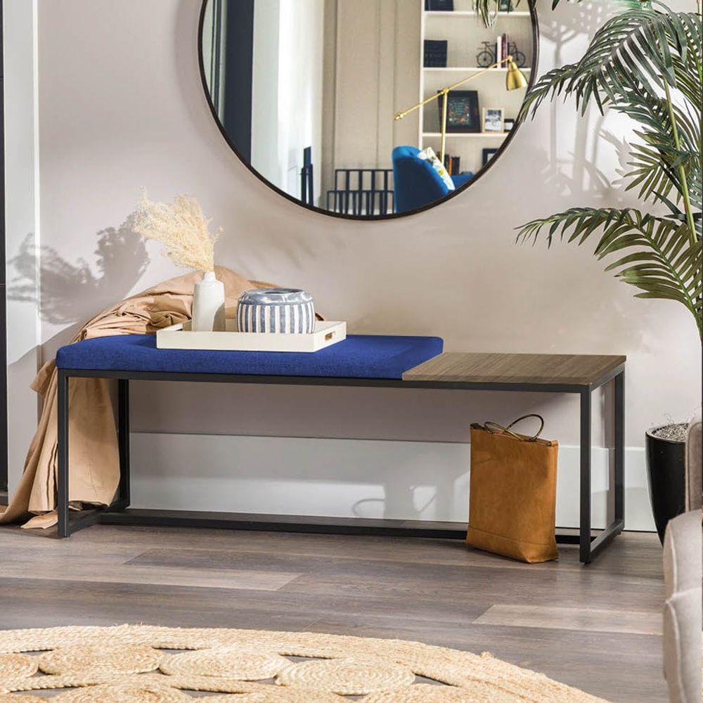 Miniatura Banco Recamier Puff London 140cm Industrial Preto Corino Azul Marinho Tampo Quadrado Mdf Nogal