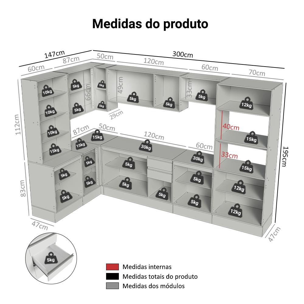 Miniatura Armário de Cozinha Completa de Canto 100% MDF 447 cm Smart Madesa 02 Branco