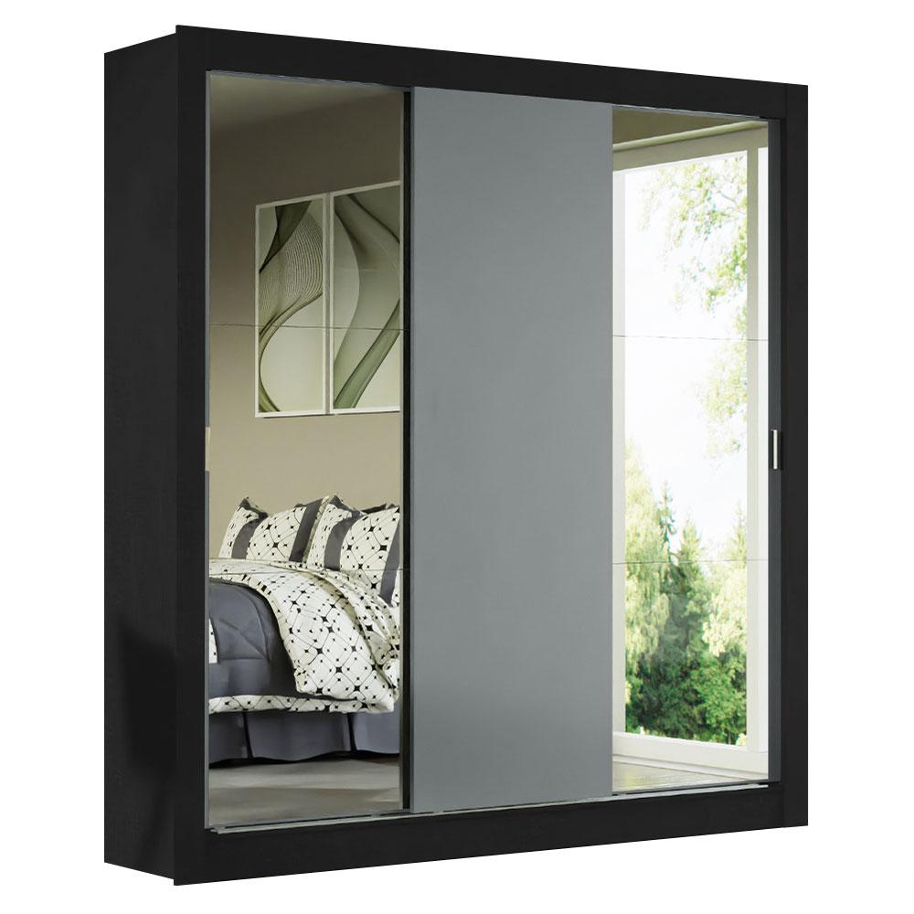 Miniatura Guarda-Roupa Casal Madesa Mônaco 3 Portas de Correr com Espelhos - Preto/Cinza Preto/Cinza