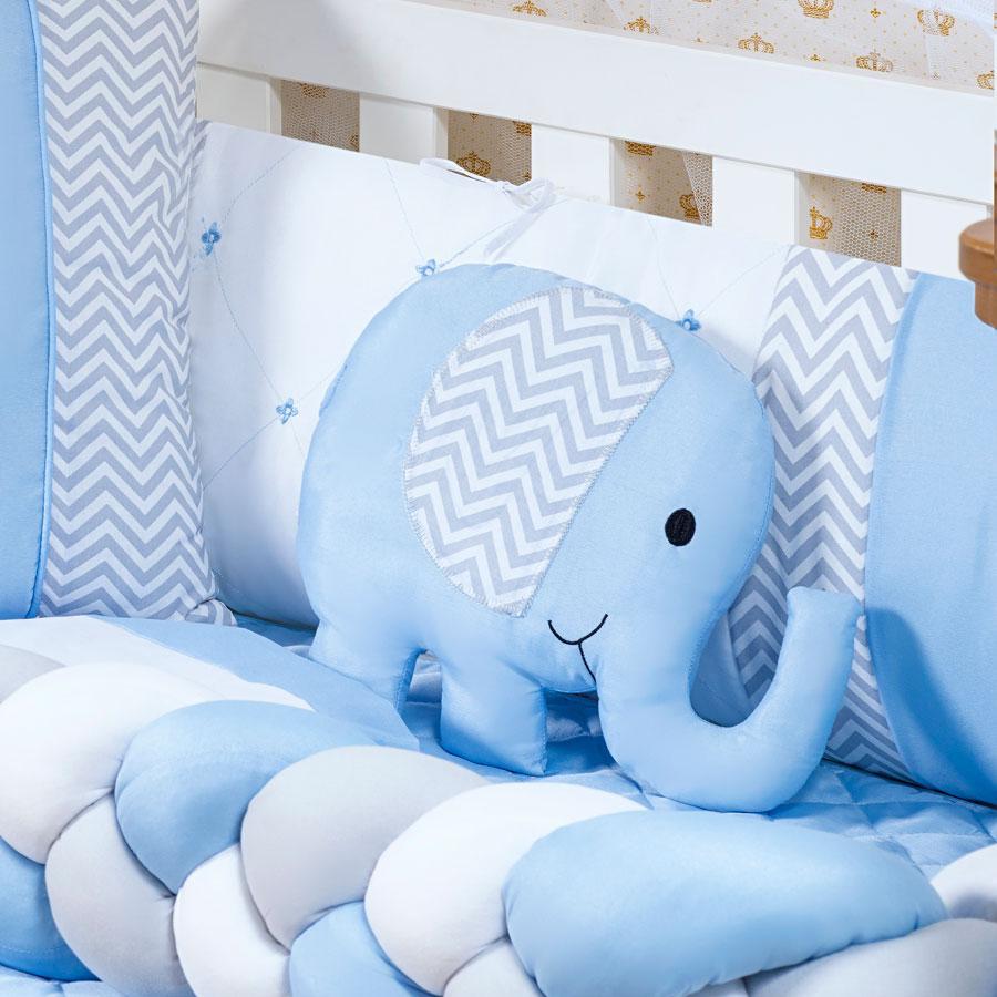 Miniatura Kit Protetor De Berço Menino 14 Peças Com Saia E Travesseiro 100% Poliéster - 1,30 m - azul claro - Azul claro - Elefante e Trança - Recém-nascido - 0,70 m - Animais - 14 - 100% Algodão