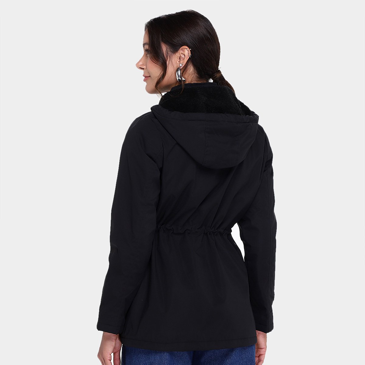 Miniatura Casaco Facinelli Capuz Parka Peluciada Feminina Preto - G