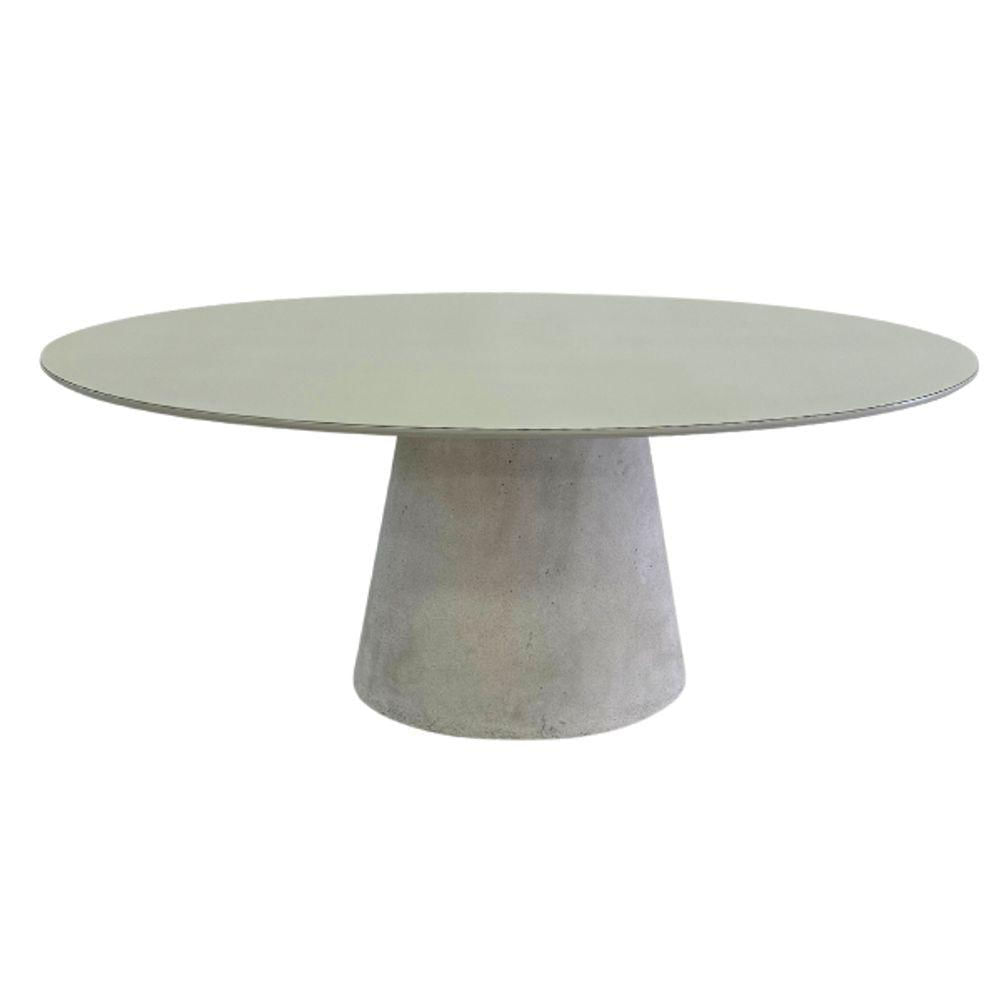 Miniatura Mesa De Jantar Cone Oval 198x122 Cm Tampo Off White + Vidro Base Concreto Cinza