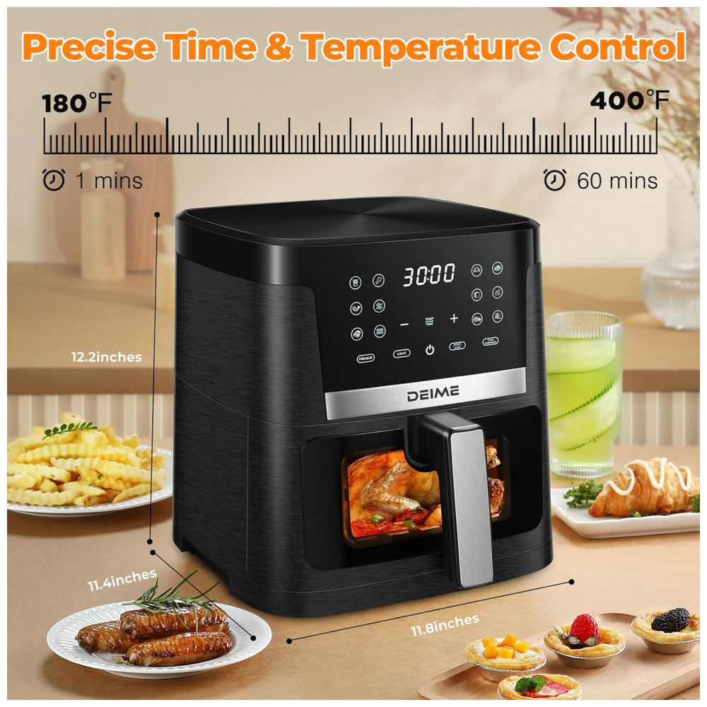 Miniatura Fritadeira Elétrica Air Fryer 7 Litros com 12 Predefinições e Tela LCD Digital, 110V 1700W, Deime, Preta
