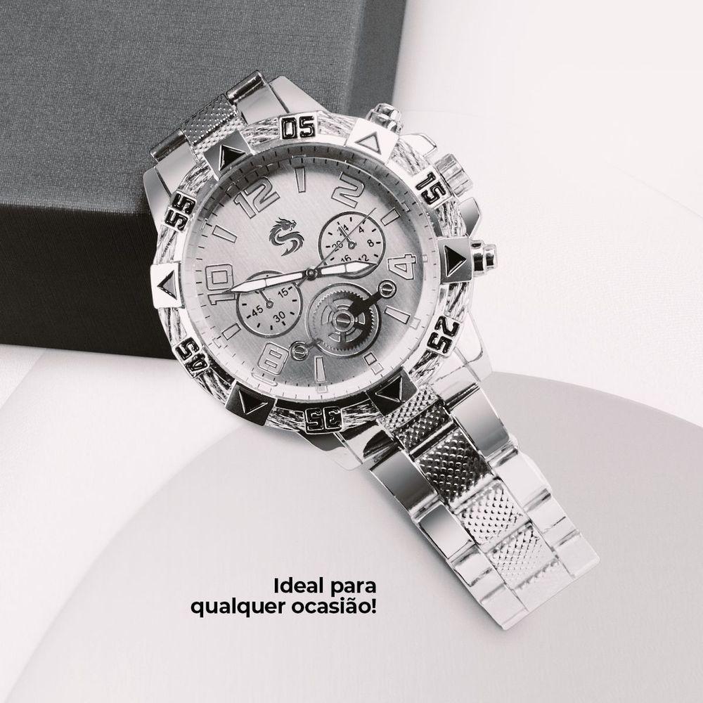 Miniatura Relogio Masculino Prata Original Grande Aço Inox + Caixa Original Pesado Presente Casual Analogico