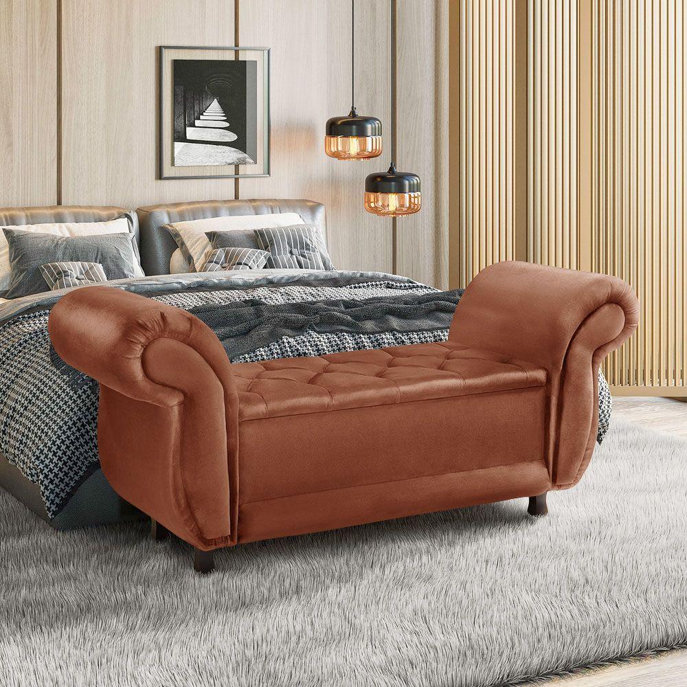 Recamier Baú Divã Para Cama Queen 1,60 Milano Veludo Terracota