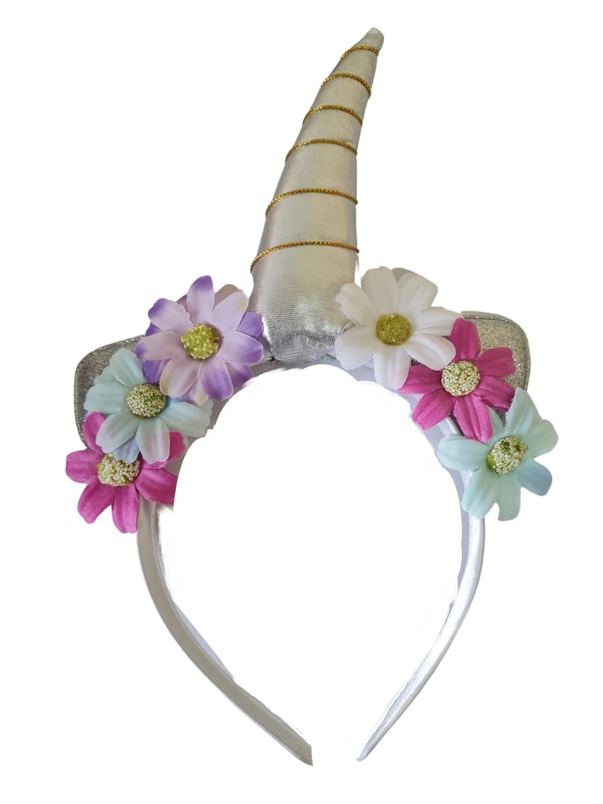 Miniatura Arco Tiara Unicórnio Infantil Metalizado Com Flores