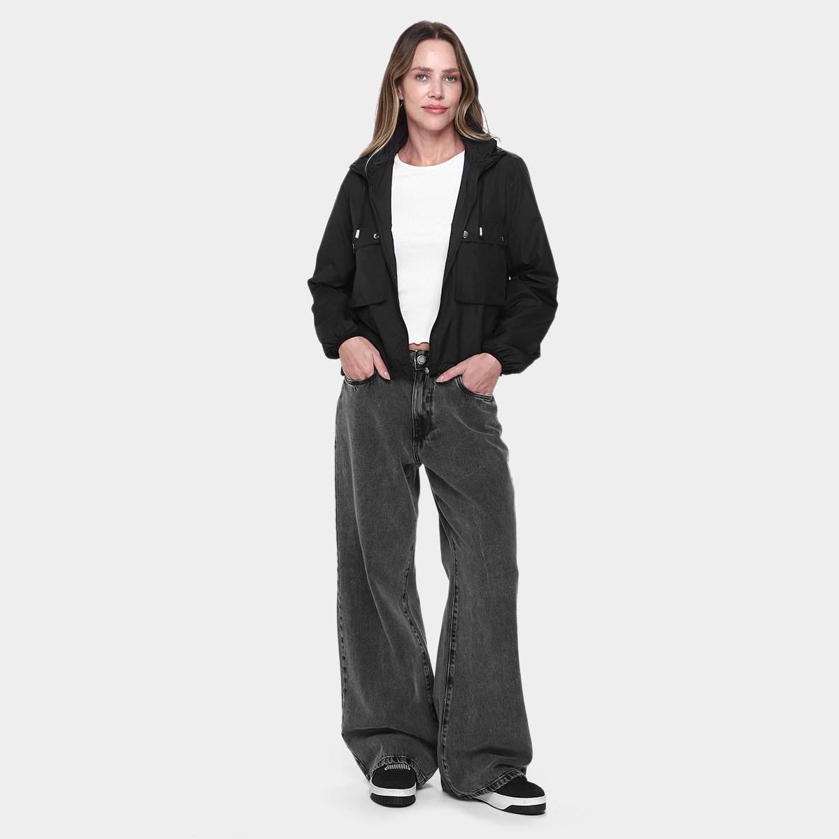 Miniatura Jaqueta Corta Vento com Capuz Facinelli Cargo Feminina Preto - G