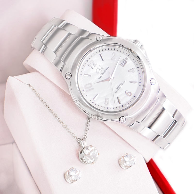 Miniatura Kit Relógio Feminino Champion Ana Hickmann Analógico Prata AH30237Q Calendário