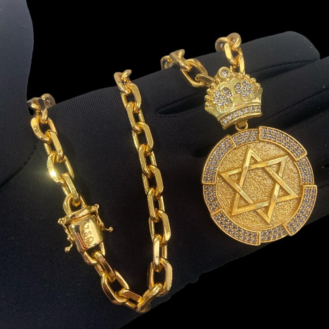 Miniatura Cordão Cadeado 8Mm + Pingente Estrela De Davi Banhado A Ouro