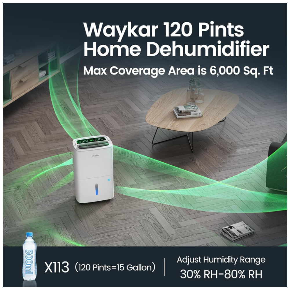 Miniatura Desumidificador Waykar 56,78 Litros Eficiente para Ambientes de até 557 m² em Residências, porões e Salas Grandes com Mangueira de Drenagem, Alça,