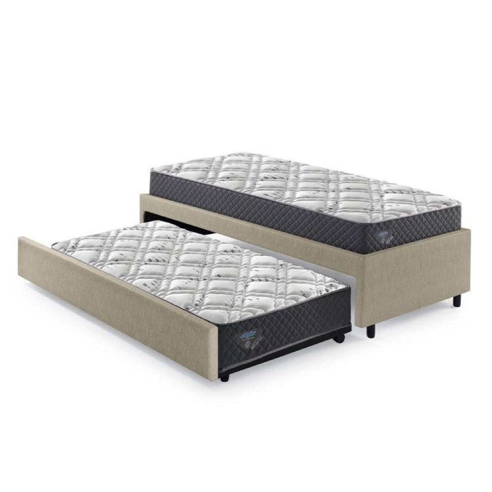 Miniatura Bicama Box Solteirão 96x203 Cm Courino com Dois Colchões Adapto Molas Ensacadas Ecoflex Bege/Cinza