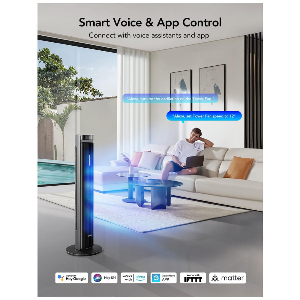 Miniatura Ventilador de Torre, Estilo Moderno com Temporizador de 24H, Silencioso, 5 Modos, 12 Velocidades e Controle por APP ou Voz, 110V 48W, Goveelife, 110v
