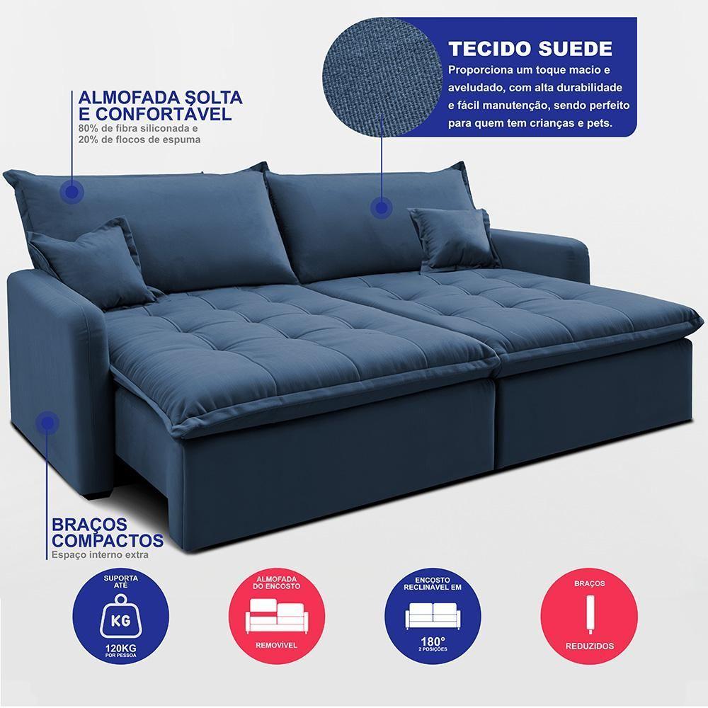 Miniatura Sofá Sem Caixa Retrátil 1,60m Softgel Luna Velusoft Azul Cama Inbox