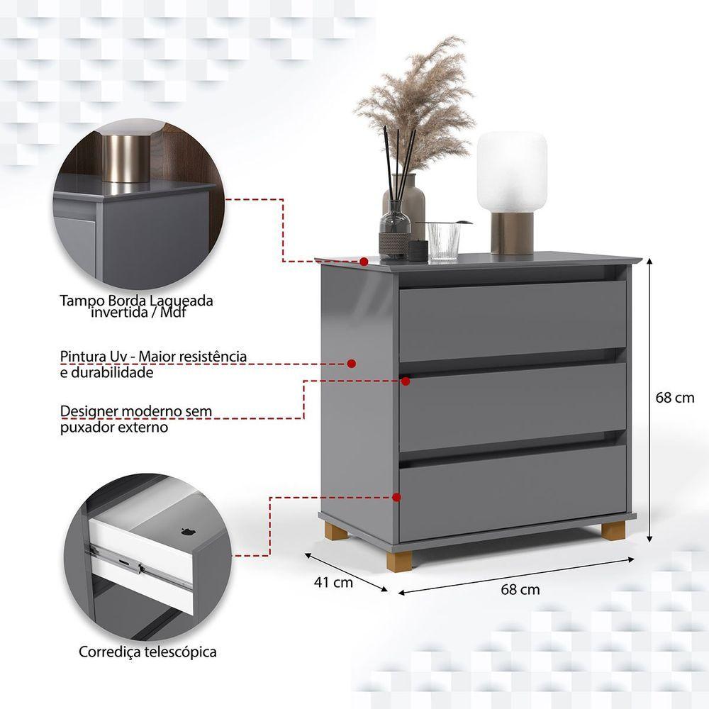 Miniatura Mini Cômoda Para Quarto 3 Gavetas Prisma Cinza
