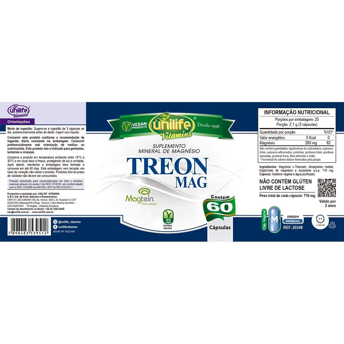 Miniatura Kit 3 Treon Mag Magnésio Treonato Unilife 60 Cápsulas