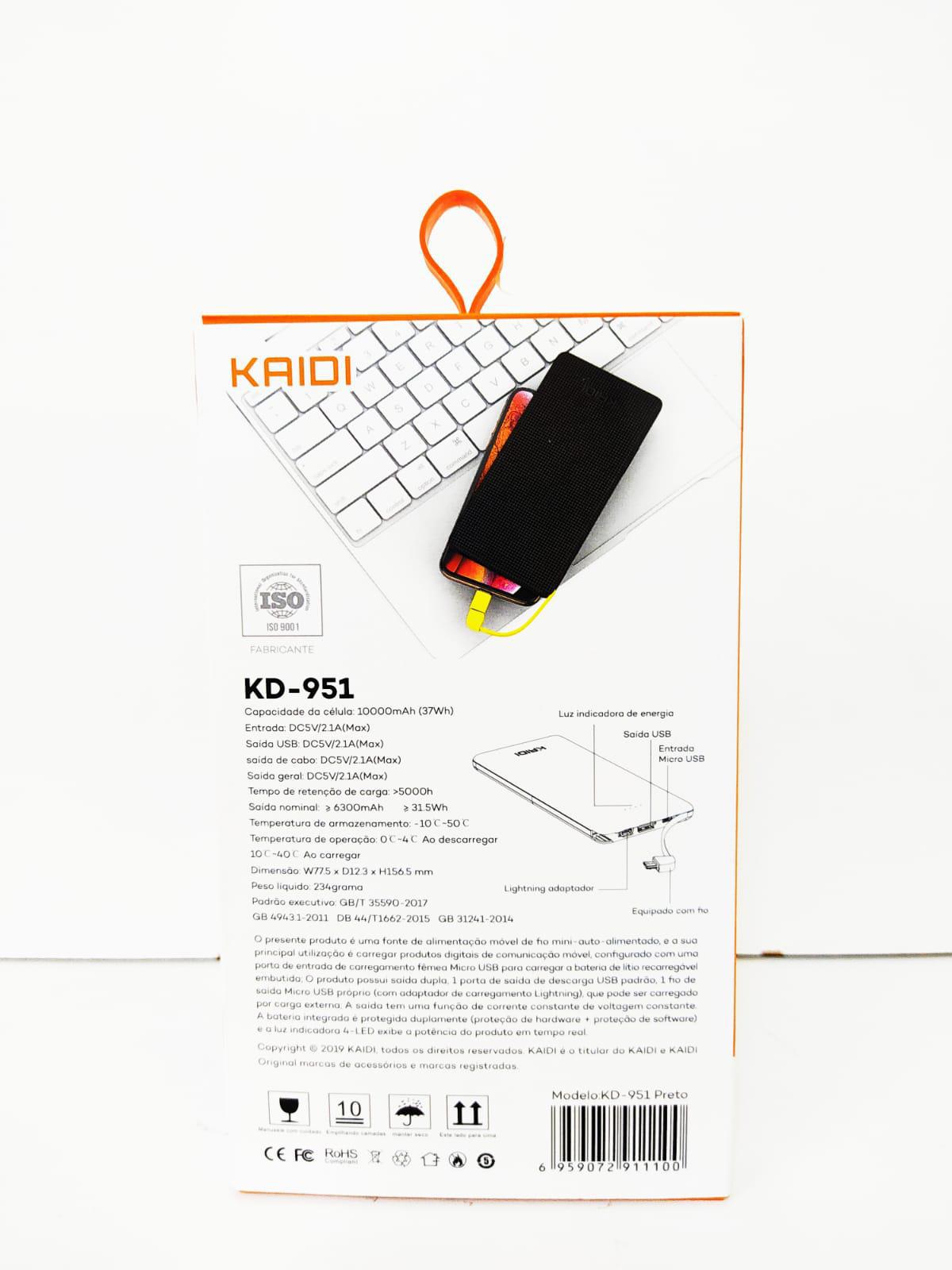 Miniatura Carregador Portatil Powerbank 10000Mah Kaidi Kd-951 Usb - Carregador para celular e tab. - Portátil - Kaidi