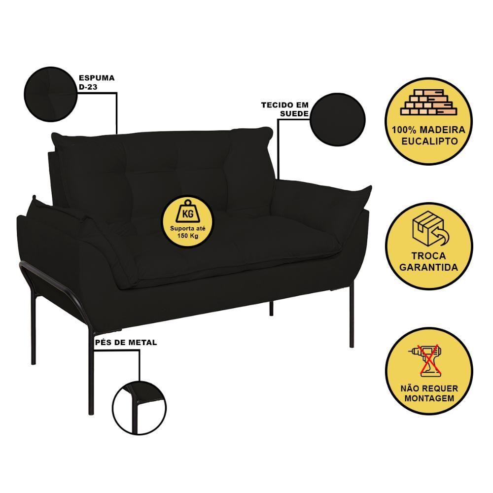 Kit 02 Poltronas + Namoradeira Pé Metal Preto Recepção Sala Preto