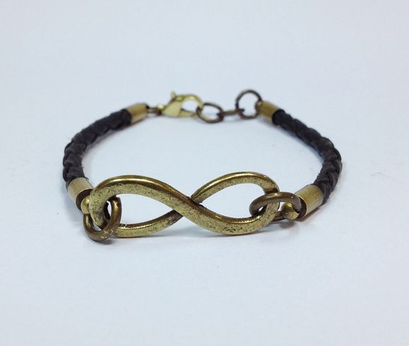 Miniatura Pulseira masculina couro e infinito ouro velho