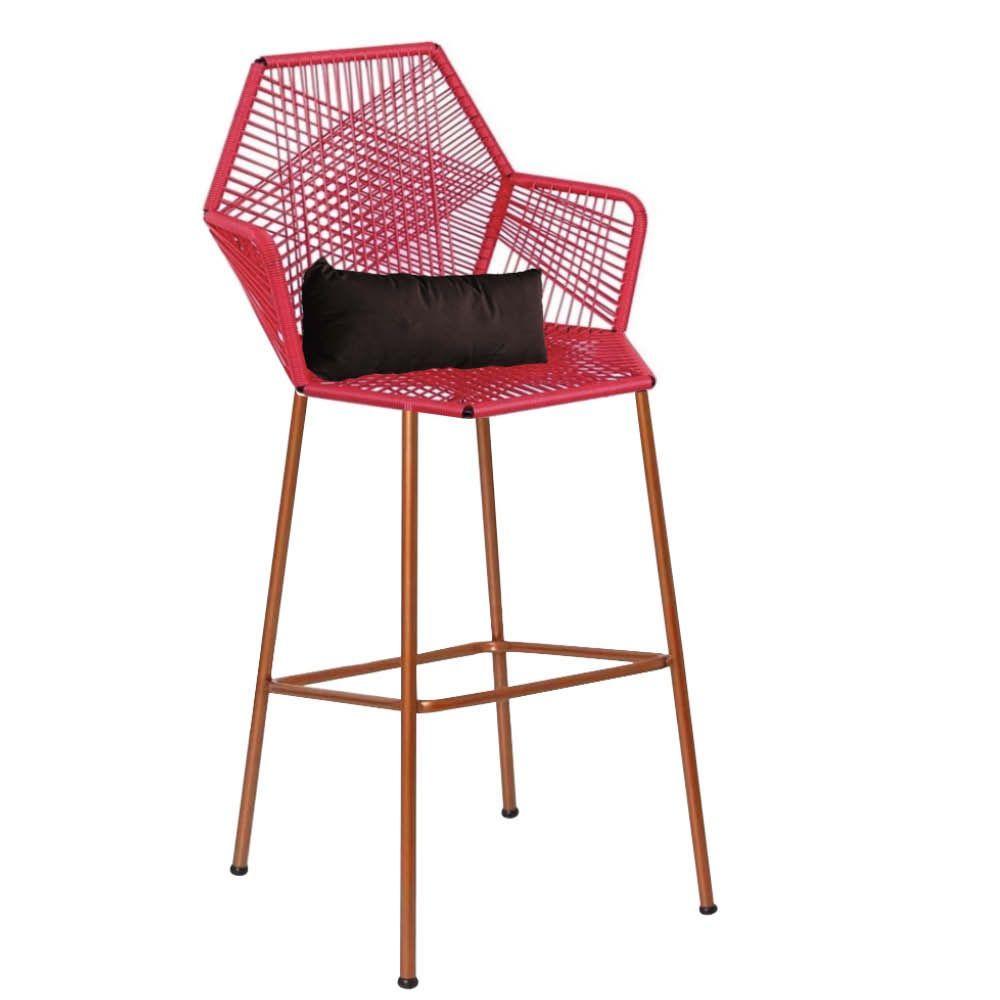 Miniatura Banqueta Alta Com Encosto Ferro Bronze Fibra Vermelho Almofada Corino Marrom