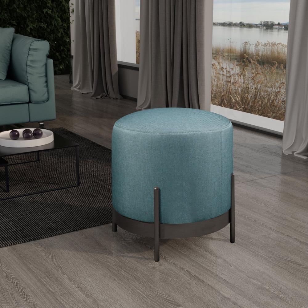 Miniatura Puff Redondo em Linho 45cm com Base Ágar Azul/Preto