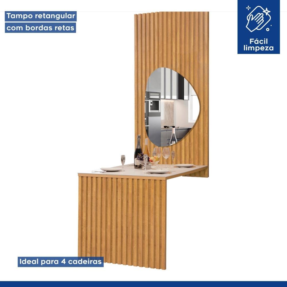 Conjunto Mesa Bella Ripada 120cm com Painel Espelhado Tampo Bella com Vidro 4 Cadeiras Arizona Cinamomo/Off White/Boucle Cinza