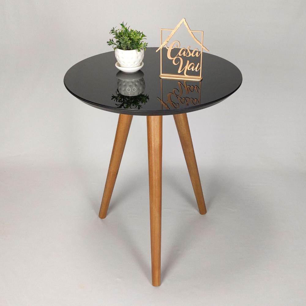 Miniatura Mesa Lateral Tampo com Vidro 60x50cm Pés Palito Casa Uai Preto