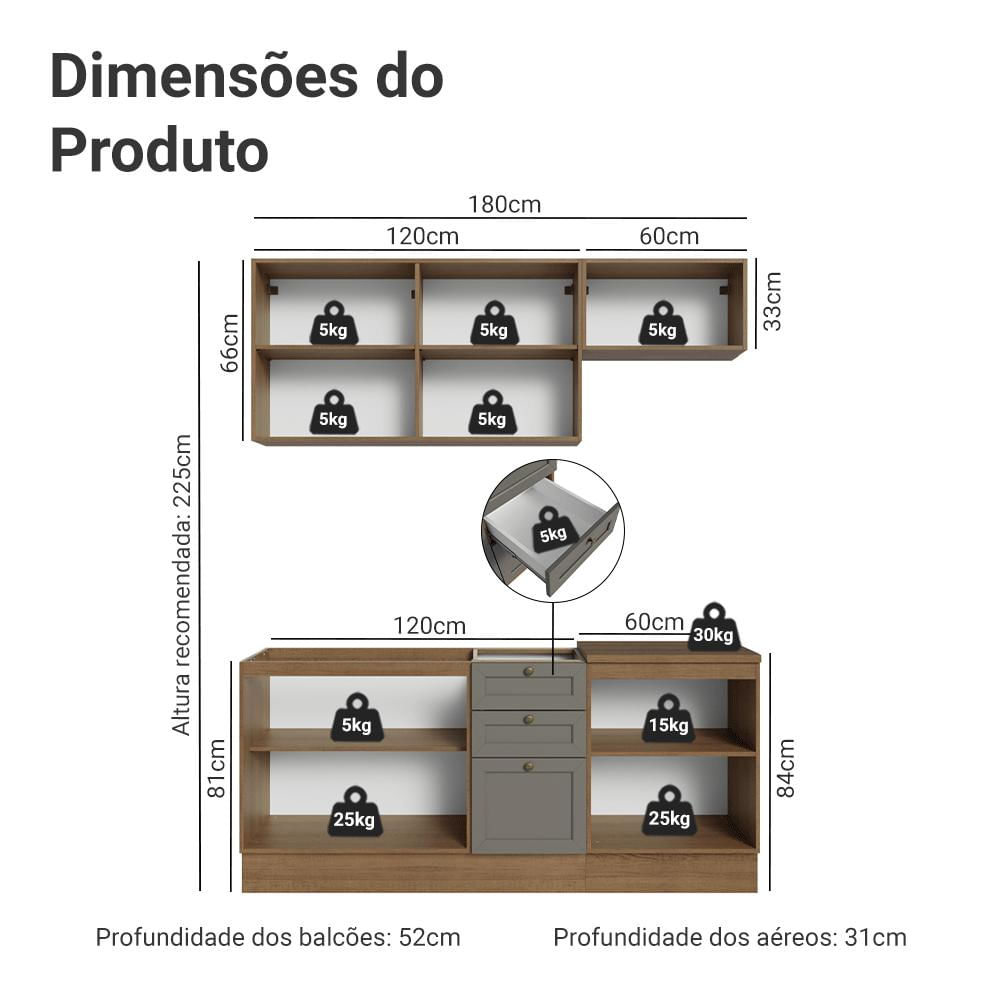 Miniatura Armário de Cozinha Compacta 180 cm Rustic/Cinza Vik Madesa 01 Rustic/Cinza
