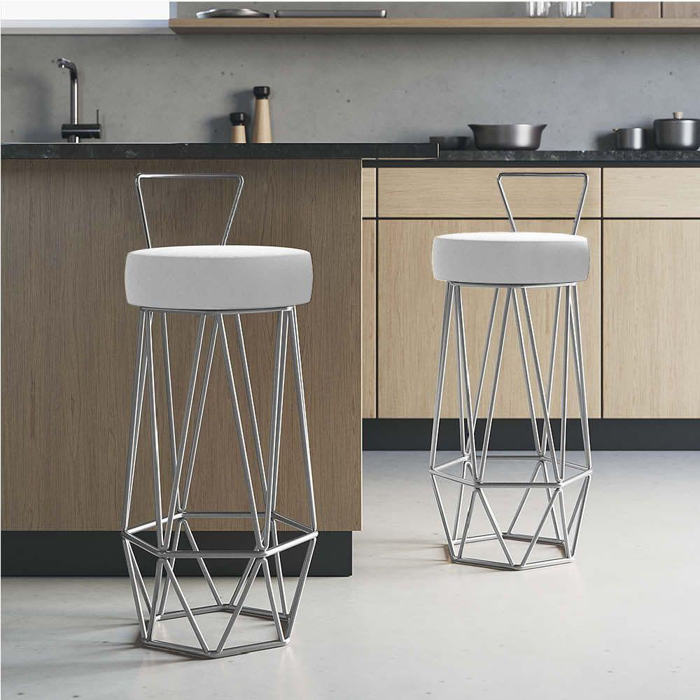 Miniatura Kit 03 Banqueta Com Encosto Botti Hexágono Cozinha Bar Ferro Cinza Corino Branco