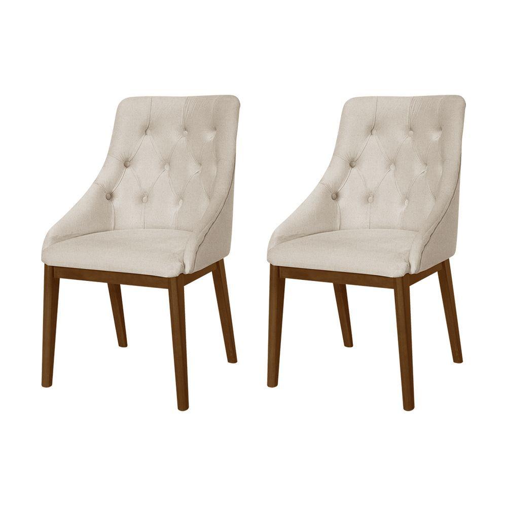 Miniatura Kit 2 Cadeiras De Jantar Estofada Capitonê Linho Bege Base Madeira Maciça Imbuia Bege