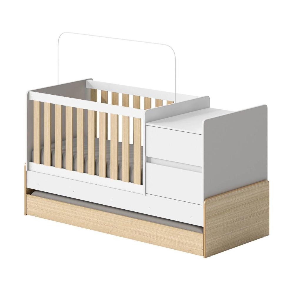 Miniatura Berço Cama Multifuncional Auri com 2 Gavetas e Cama Auxiliar Casatema Carvalho Mel/Branco