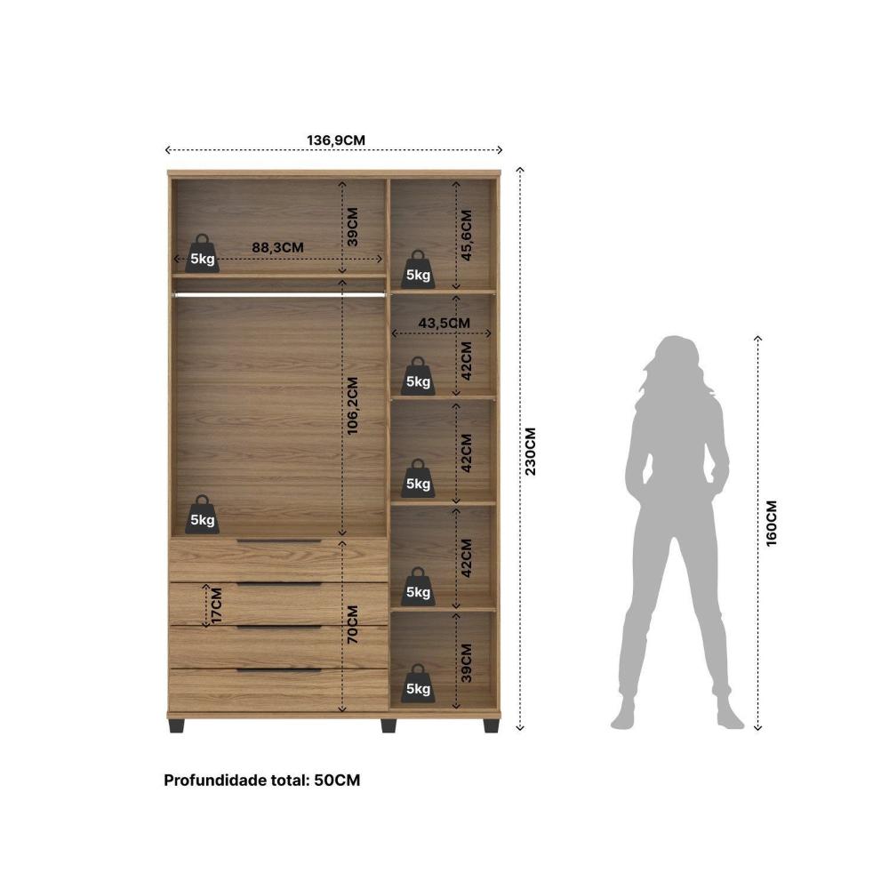 Miniatura Guarda-roupa Solteiro 3 Portas 4 Gavetas 100% Mdf Allen 136,9 Cm Freijó