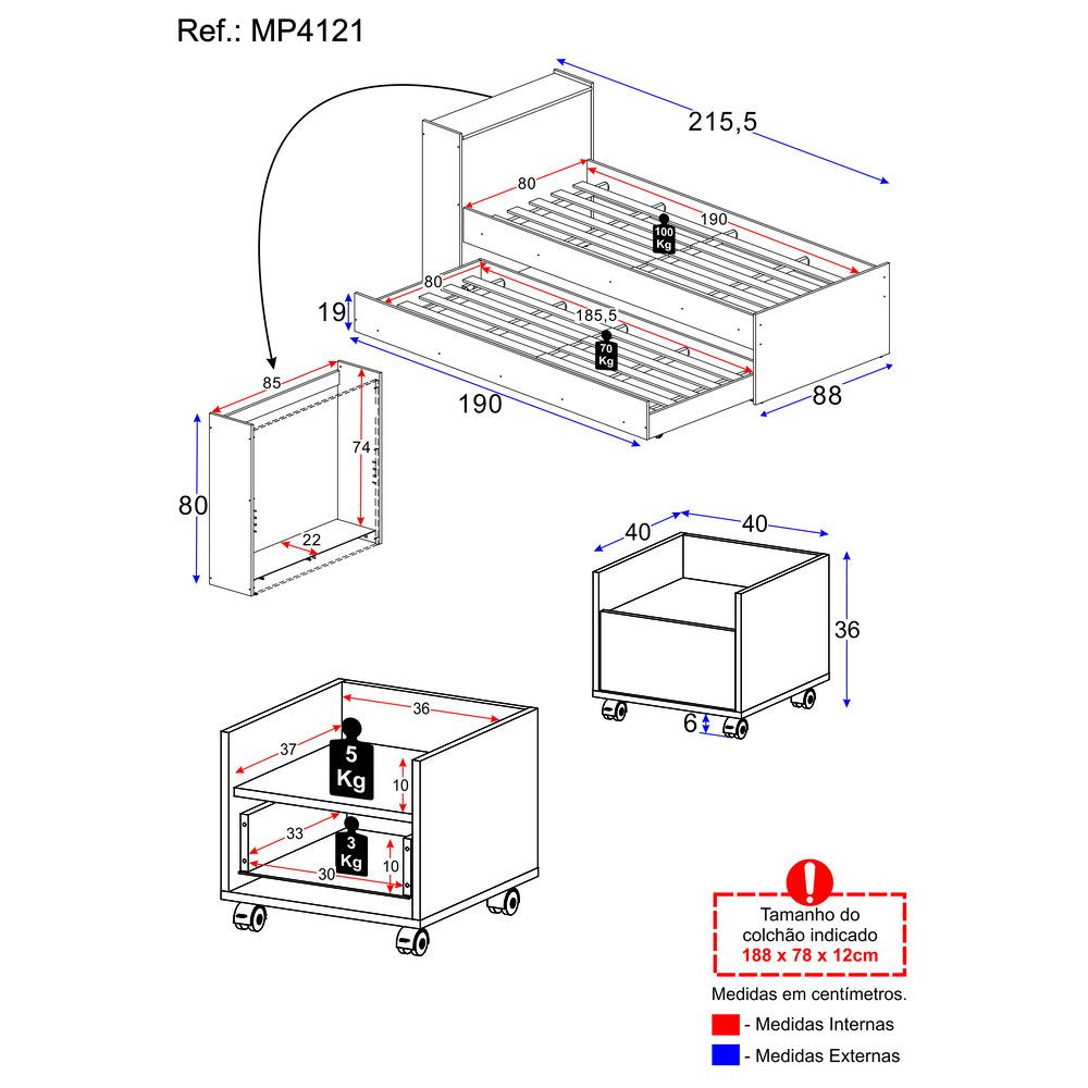 Miniatura Conjunto Quarto Bicama com Baú e Mesa de Cabeceira com Rodízios Multimóveis MP4121 Branco