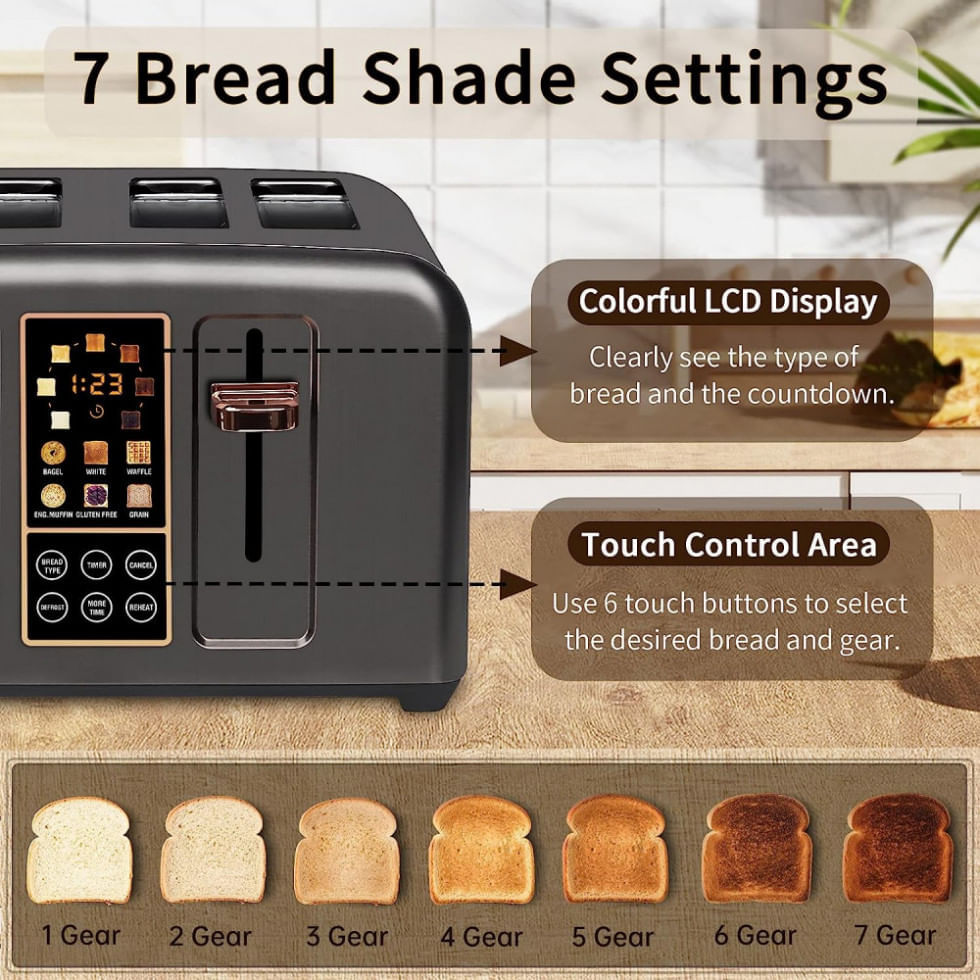 Miniatura Torradeira Elétrica 4 Fatias com 7 Níveis de Tostagem com Função Descongelar e Bandejas de Migalhas Removíveis, 110V 1800...