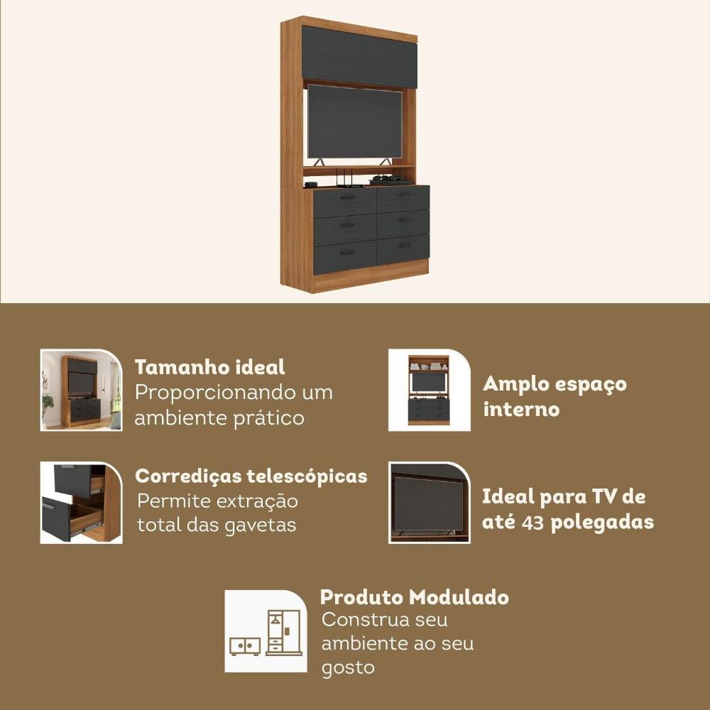 Cômoda para Quarto para Tv até 42 Polegadas Viena 1 Porta 6 Gavetas Yescasa Nogal/Grafite