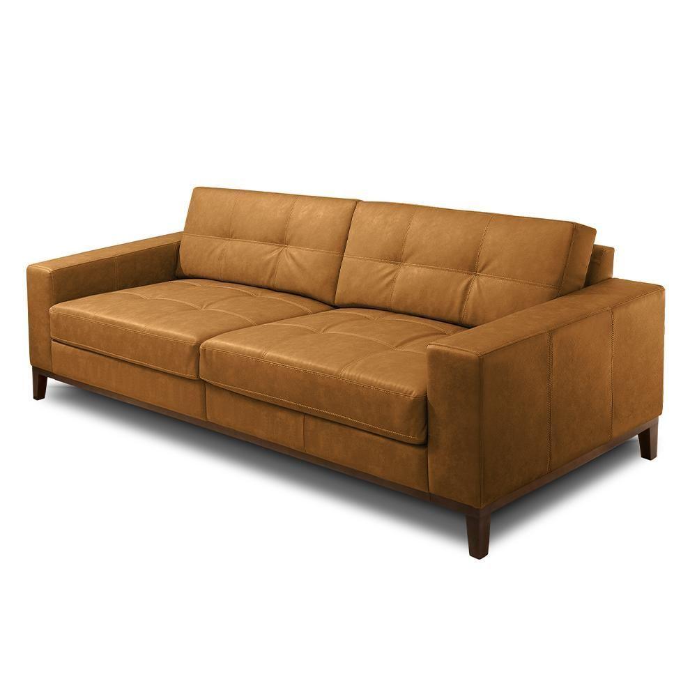 Sofá Decorativo Bruno 3 Lugares Sala De Estar 240cm Pés Em Madeira Couro Caramelo Manchado