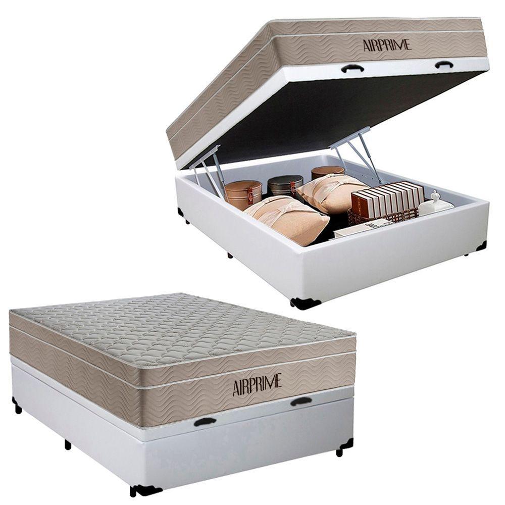 Miniatura Cama Box Baú Casal Sintético Cremil + Colchão Molas Ensacadas Airprime 138x188x65cm Branco